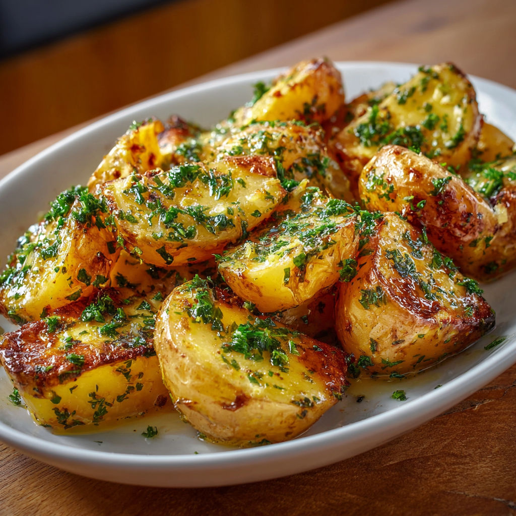 Une assiette de pommes de terre dorées parsemées d’herbes fraîches et entourées de légumes grillés.