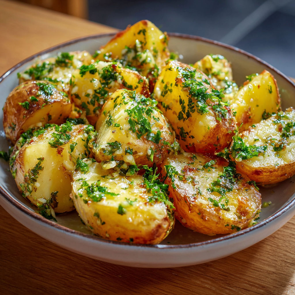 Une assiette bien remplie de quartiers de pommes de terre et de légumes et herbes fraîches.