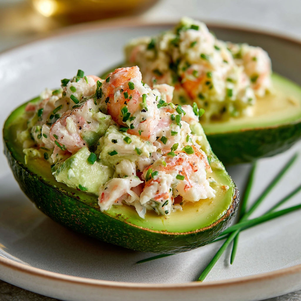 Salade fraîche d’avocat et crevettes dressée dans une tomate.