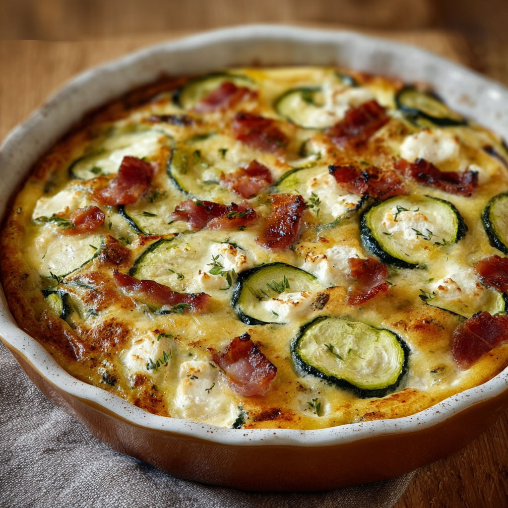 Une belle part de clafoutis salé garnie de courgettes, lardons et chèvre frais dans un joli plat familial.