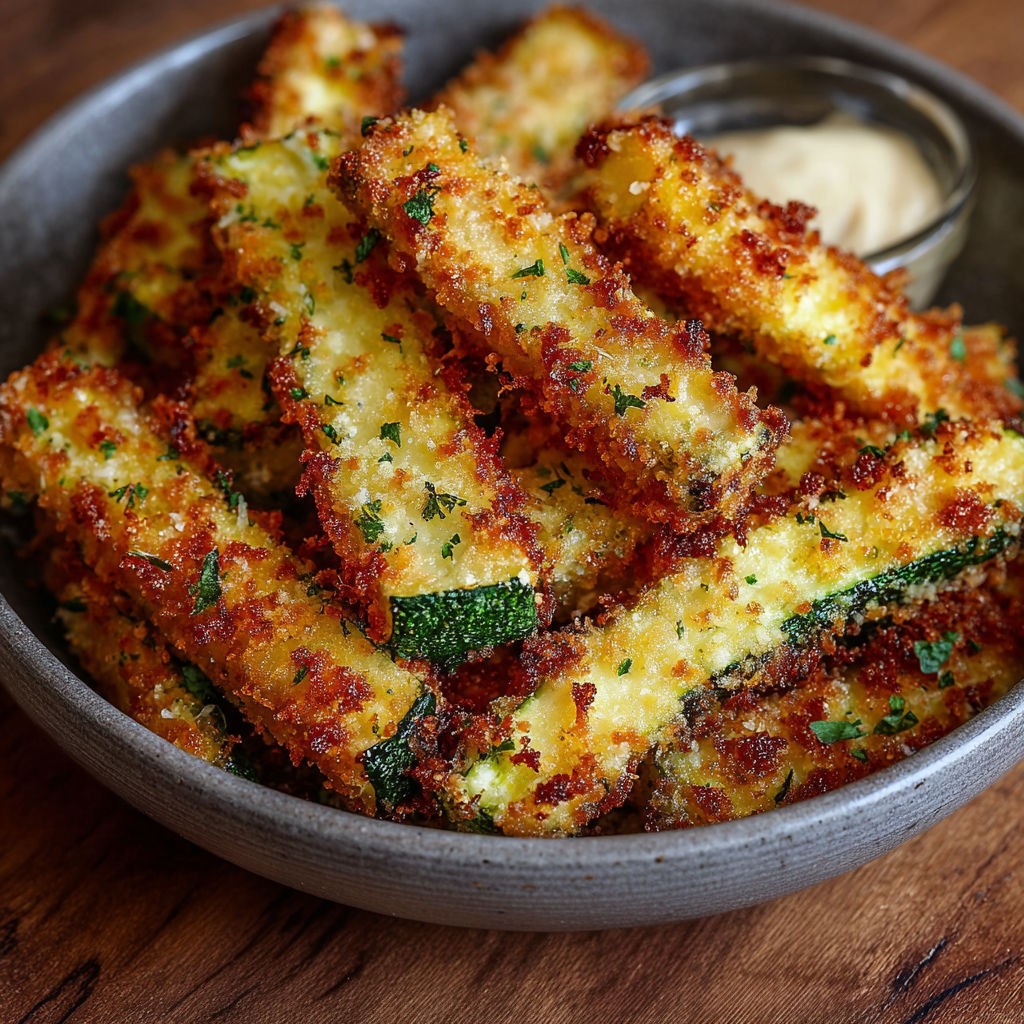 Des frites de courgettes saupoudrées de parmesan toutes chaudes sur une assiette.
