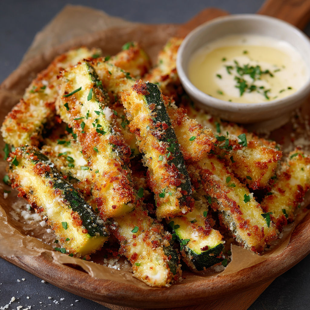 Frites de courgette dorées, servies avec sauce yaourt et herbes sur le côté.