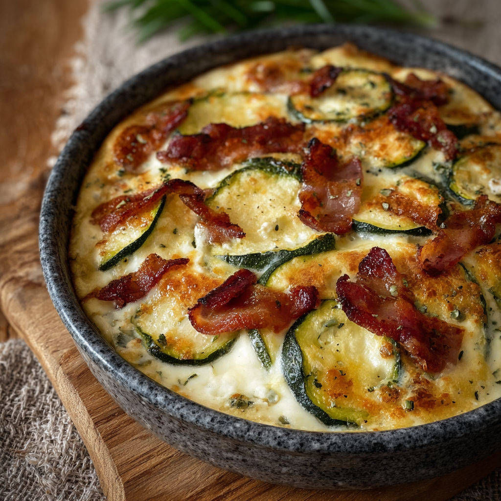 Une belle assiette de courgettes farcies au chèvre et lardons, prête à servir.
