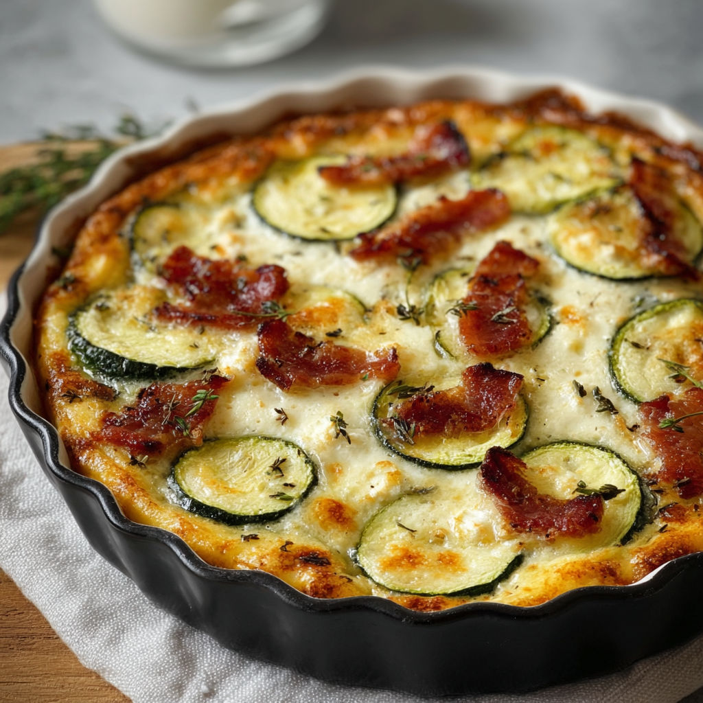 Un clafoutis salé aux courgettes, chèvre et bacon, parsemé d’herbes, sorti du four.