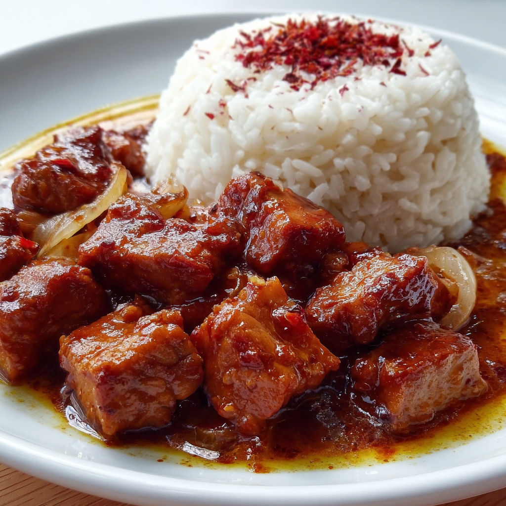 Un plat de porc mijoté à la sauce douce avec du riz à côté.
