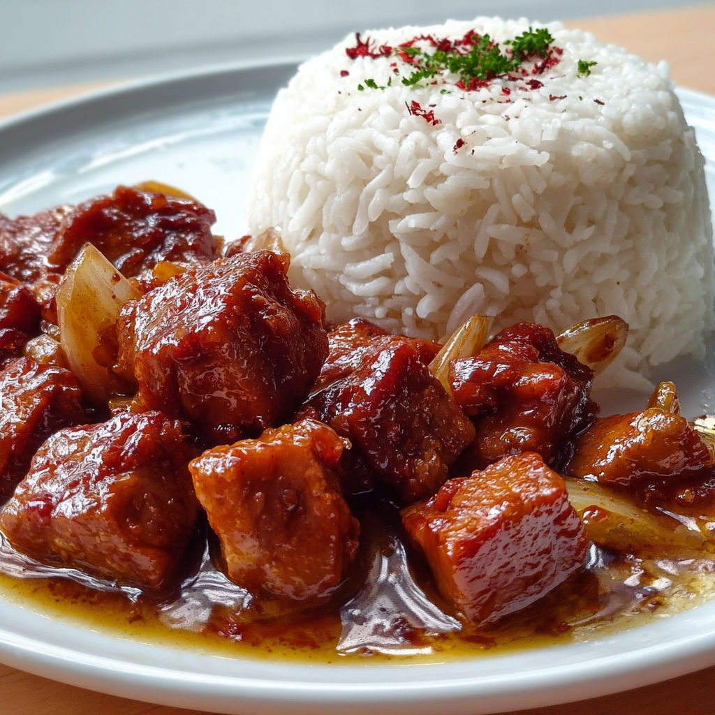 Une assiette de Ragoût de Porc avec Riz Parfumé, et du riz servi à côté.