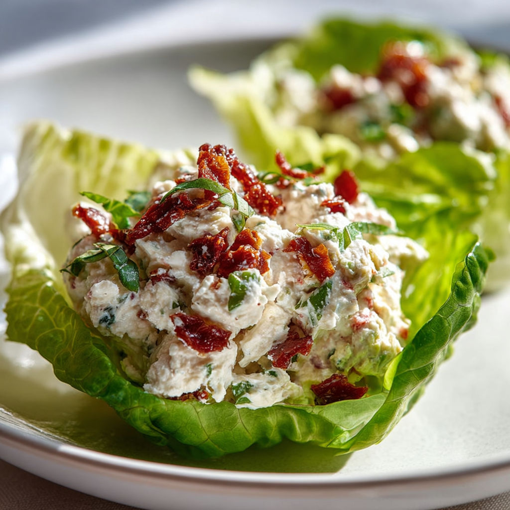 Une assiette de coupelles de laitue remplies de ricotta, de jambon blanc et de tomates séchées.