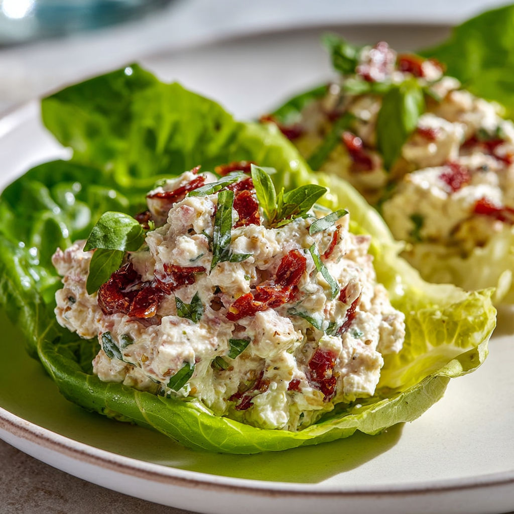 Salade de laitue, fromage italien doux, tomates séchées et basilic sur jolis plateaux.