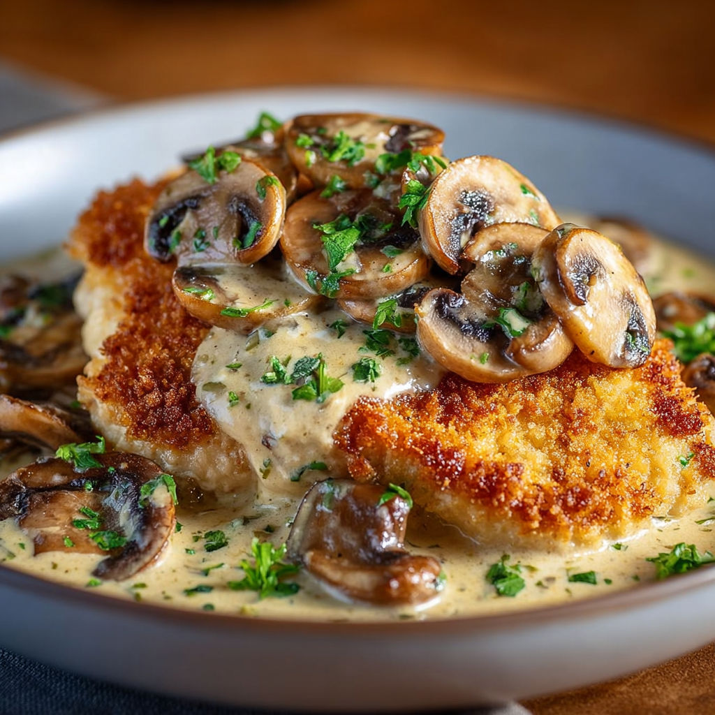 Un plat de poulet croustillant au parmesan et champignons, prêt à être dégusté, est présenté dans un grand plat transparent.