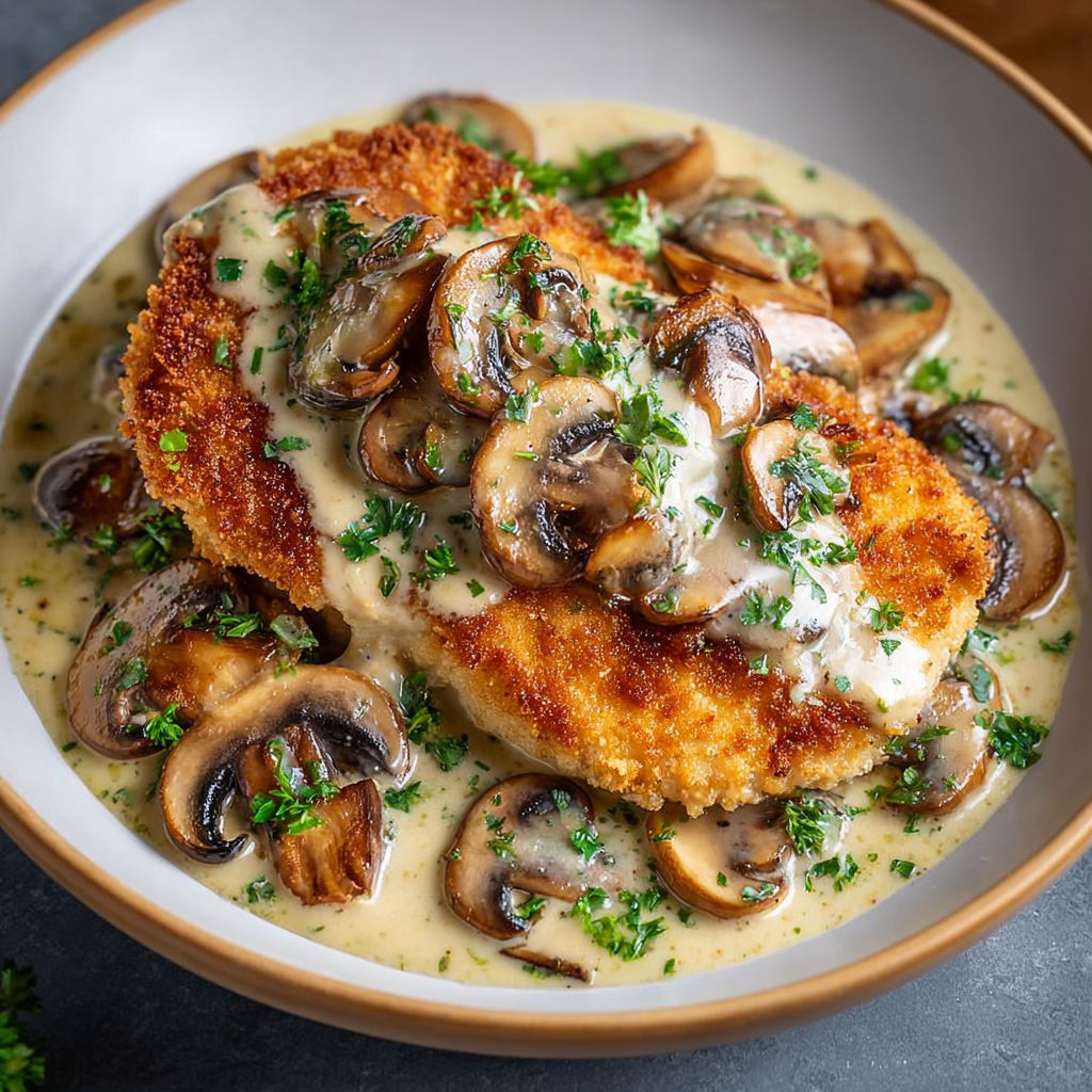 Dans une grande assiette, du poulet moelleux à la crème de parmesan, accompagné de champignons sautés et d’herbes fraîches, attend sur la table.
