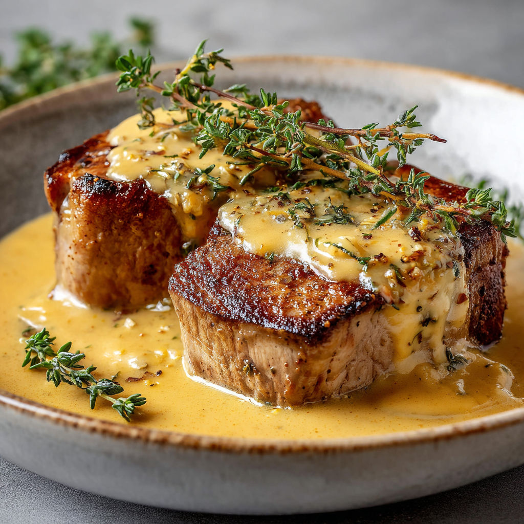 Porc doré avec herbes fraîches et épices, servi avec une sauce fondante et une touche d’amande.