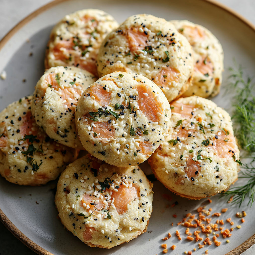 Un empilement de biscuits au saumon, parsemés de poivre et d’herbes, posés sur un plateau.