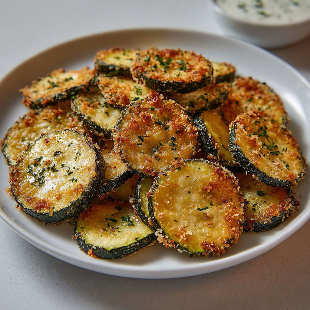 Une grande plaque de chips de courgette bien dorées, avec une sauce blanche et une sauce verte à côté.