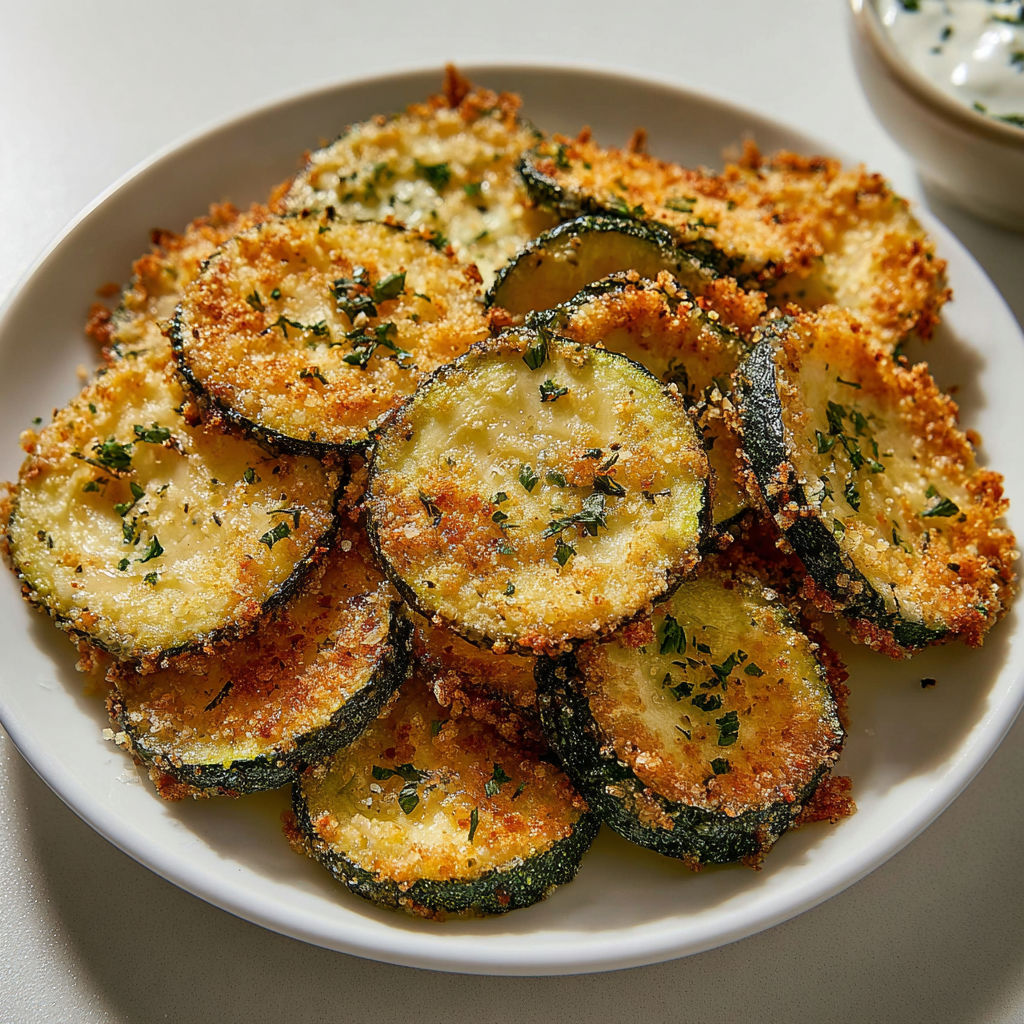 Une belle assiette de chips fines de courgettes grillées, accompagnées de deux sauces dip, l'une verte, l'autre blanche.