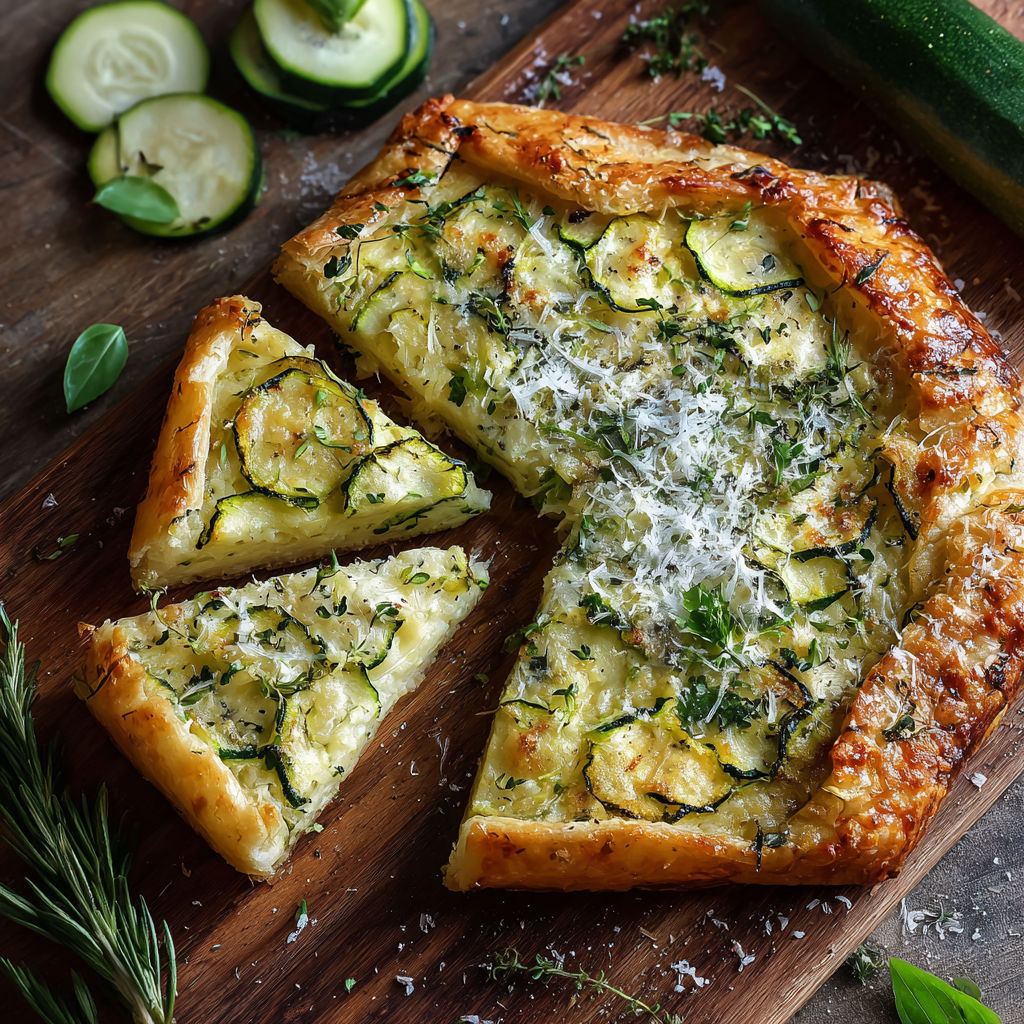 Galette tendre courgettes parmesan, posée sur un plateau en bois.