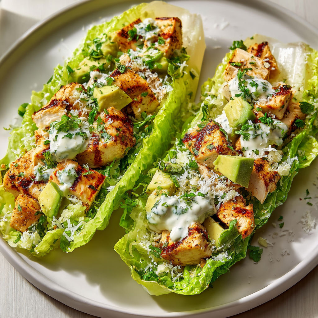 Barquettes de romaine garnies poulet miel-citron vert et avocat, prêtes à être dégustées.