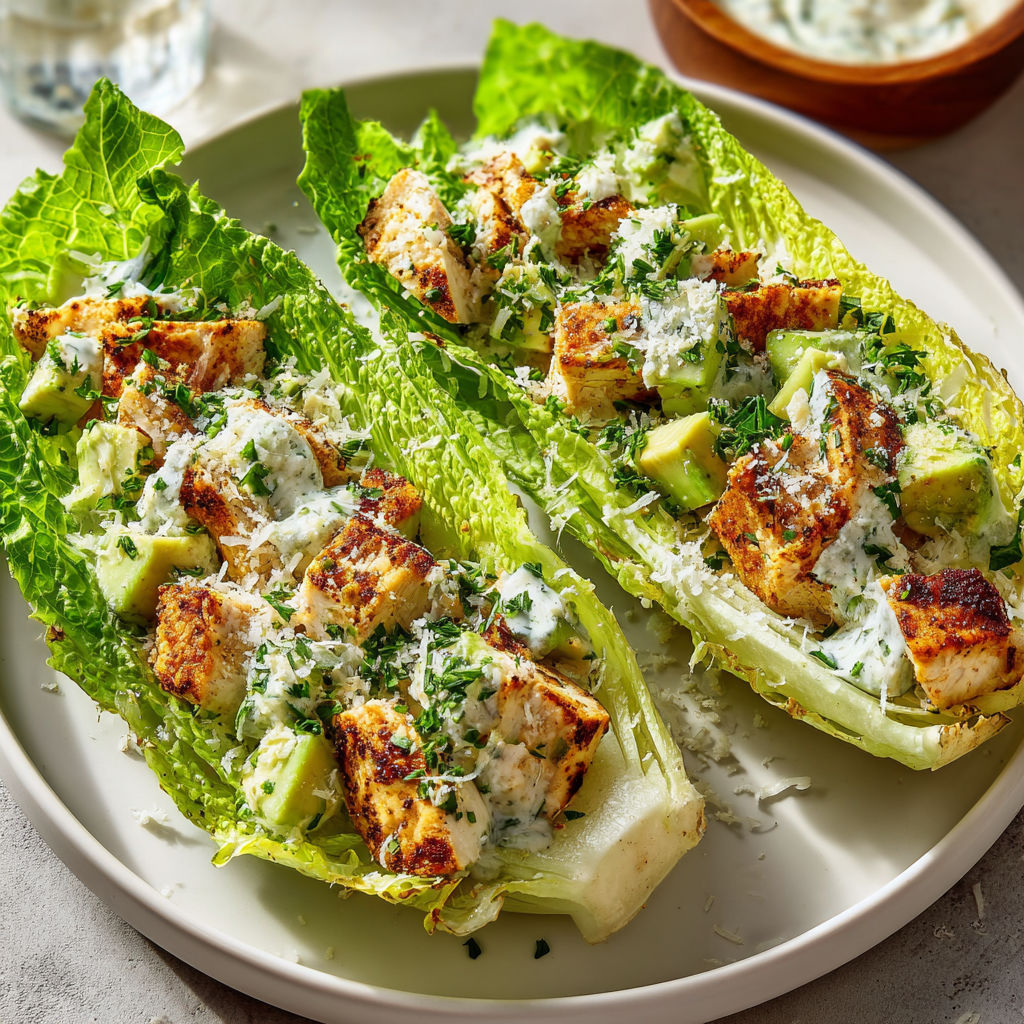 Un plat généreux de poulet grillé avec laitue croquante, avocat et herbes fraîches.