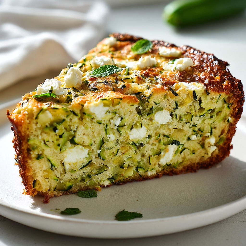 Une part à la fois moelleuse et parfumée de cake courgette feta menthe posée sur un joli plateau.