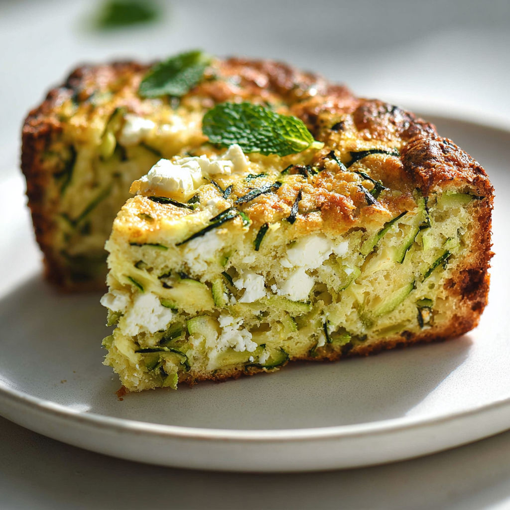 Belle tranche moelleuse de plat aux courgettes et herbes sur une assiette.