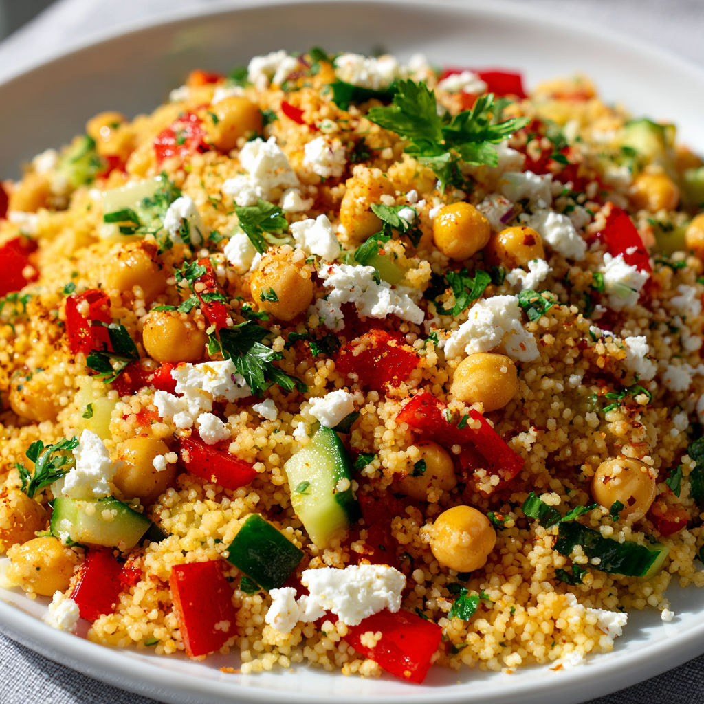 Bol coloré de salade couscous pleine de légumes et d’herbes fraîches.