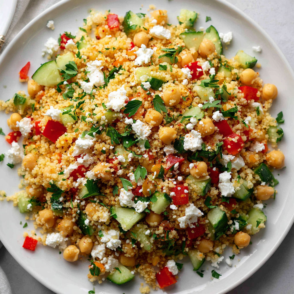 Un beau plat de couscous mélangé à plein de légumes colorés, tomates, courgettes, poivrons et olives noirs, sur un plateau.