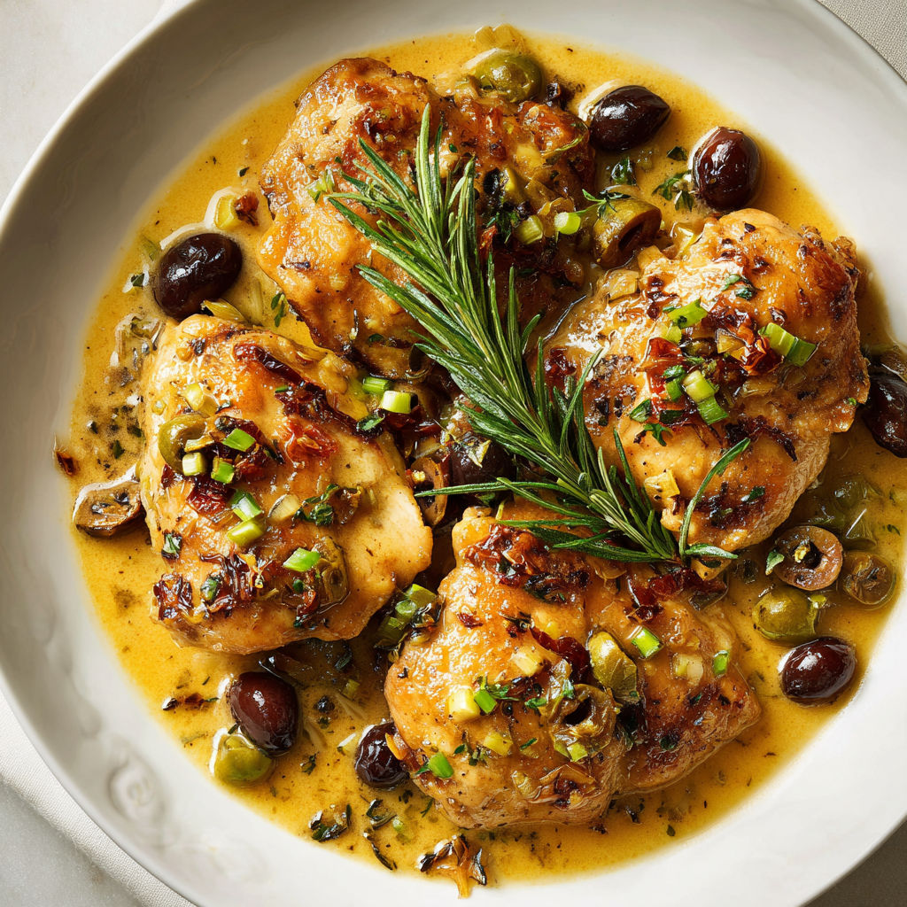 Un plat toscan de poulet aux olives et herbes présenté joliment sur un plat.
