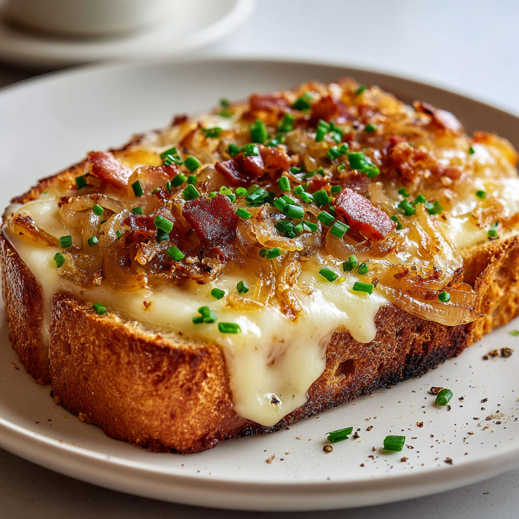 Délicieuse tartine au fromage coulant, oignons et lardons croquants sur plateau en bois.