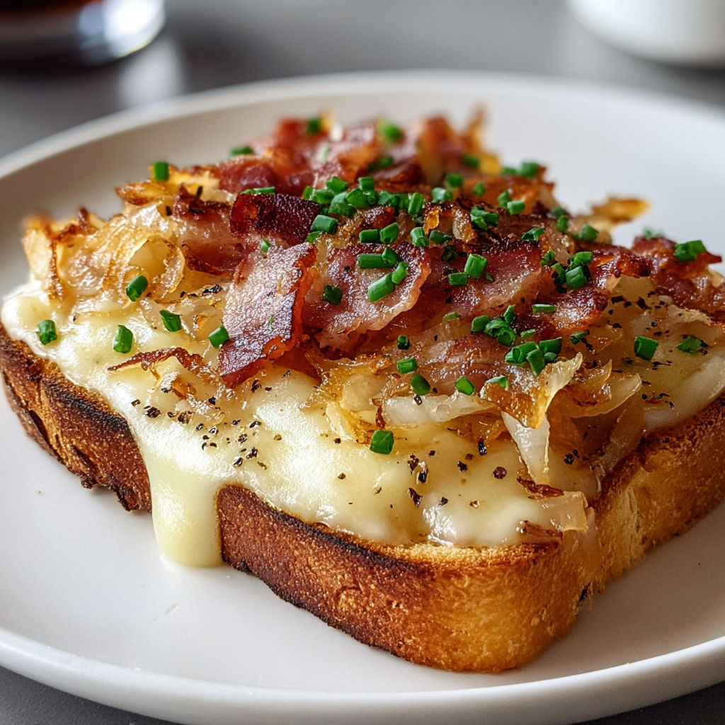 Pain doré et gratiné, recouvert de fromage fondu, herbes et lardons, prêt à être dégusté.