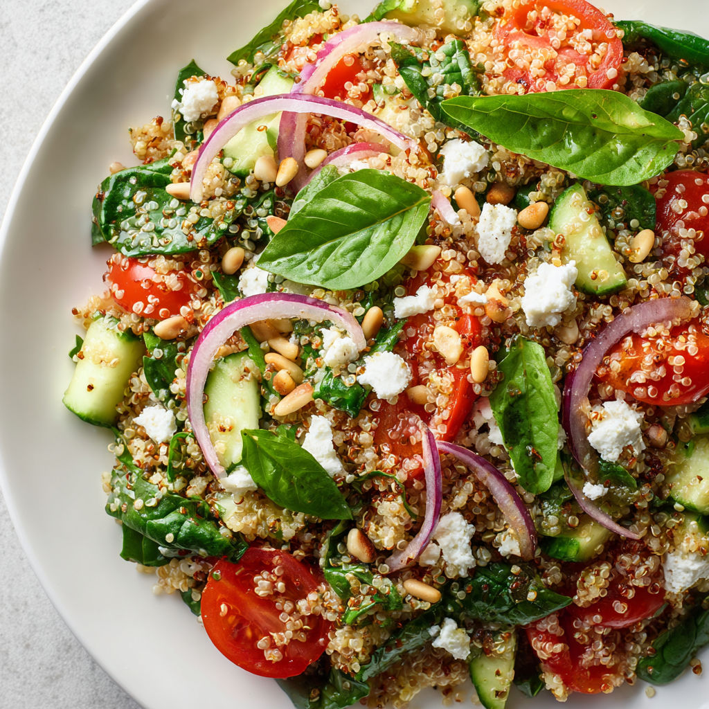 Un bol gourmand de quinoa avec des légumes râpés, des tomates, du concombre, des pommes de terre, du quinoa, du basilic et des noix de cajou.