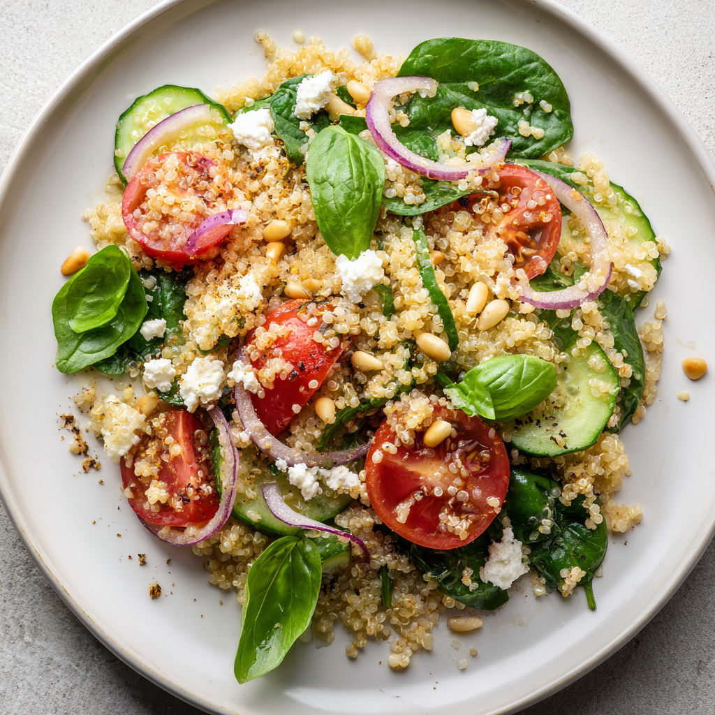Un plat croquant de quinoa avec jeunes pousses d’épinard et ricotta par dessus.