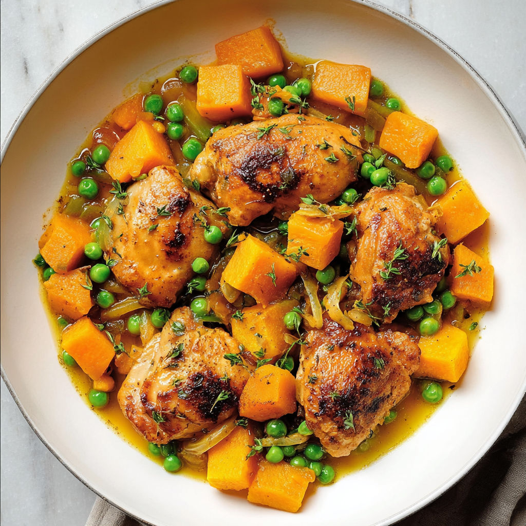 Un joli plat de poulet moelleux avec beaucoup de légumes fondants et une pointe d’ail douce.