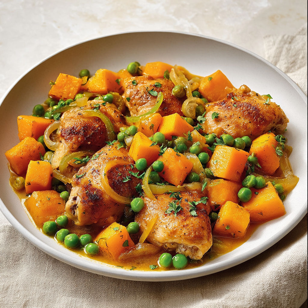 Un plat généreux de cuisse de poulet, courge, cidre et fleur d'ail bien parfumée.