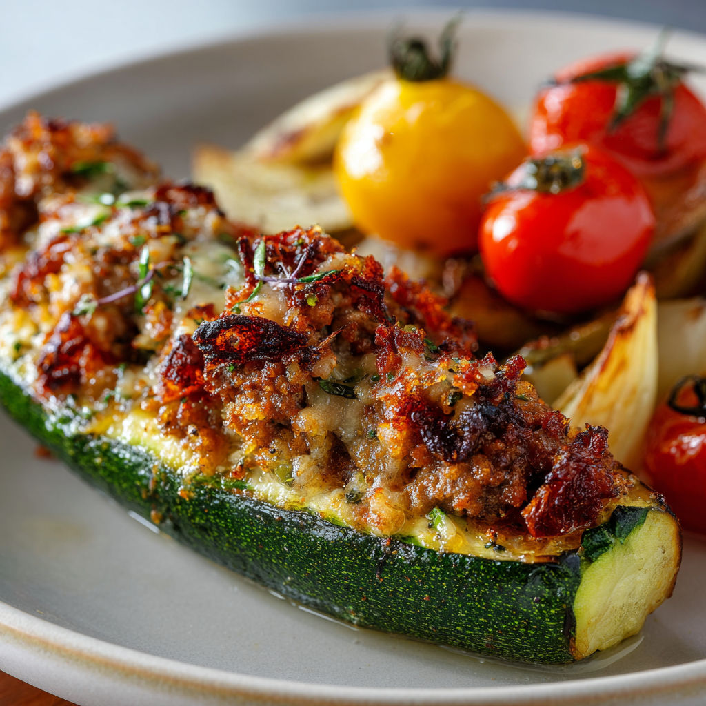 Assiette de légumes bien grillés : courgettes, tomates, aubergines et jus de viande onctueux.