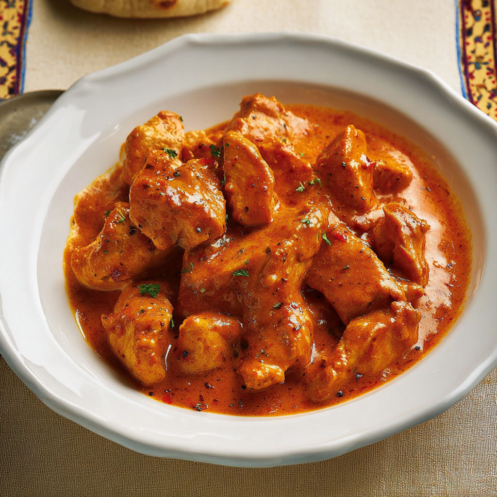 Une assiette de poulet nappé d'une sauce tomate crémeuse est posée sur une table.