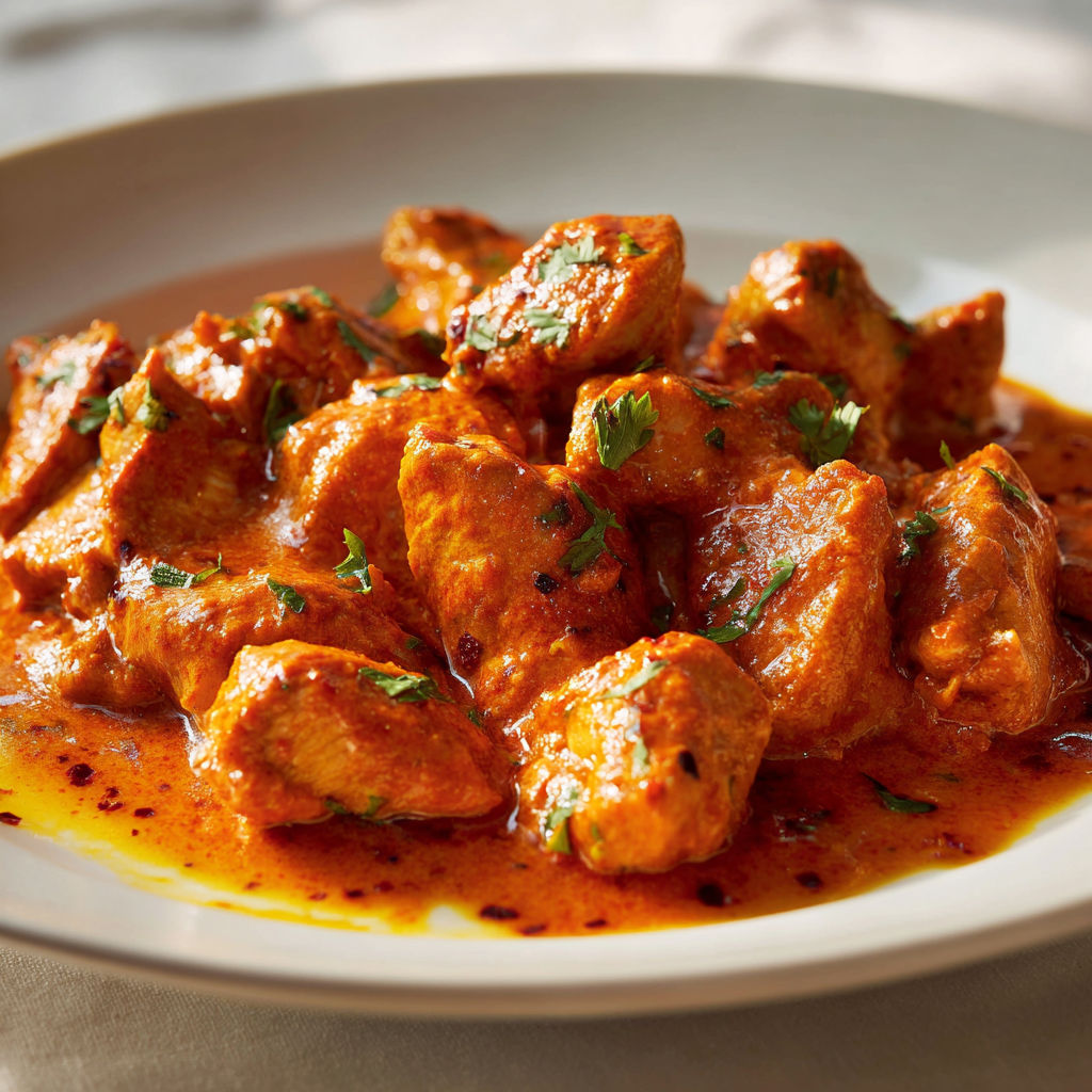 Un plat de poulet au curry est présenté sur un plateau accompagné de riz.