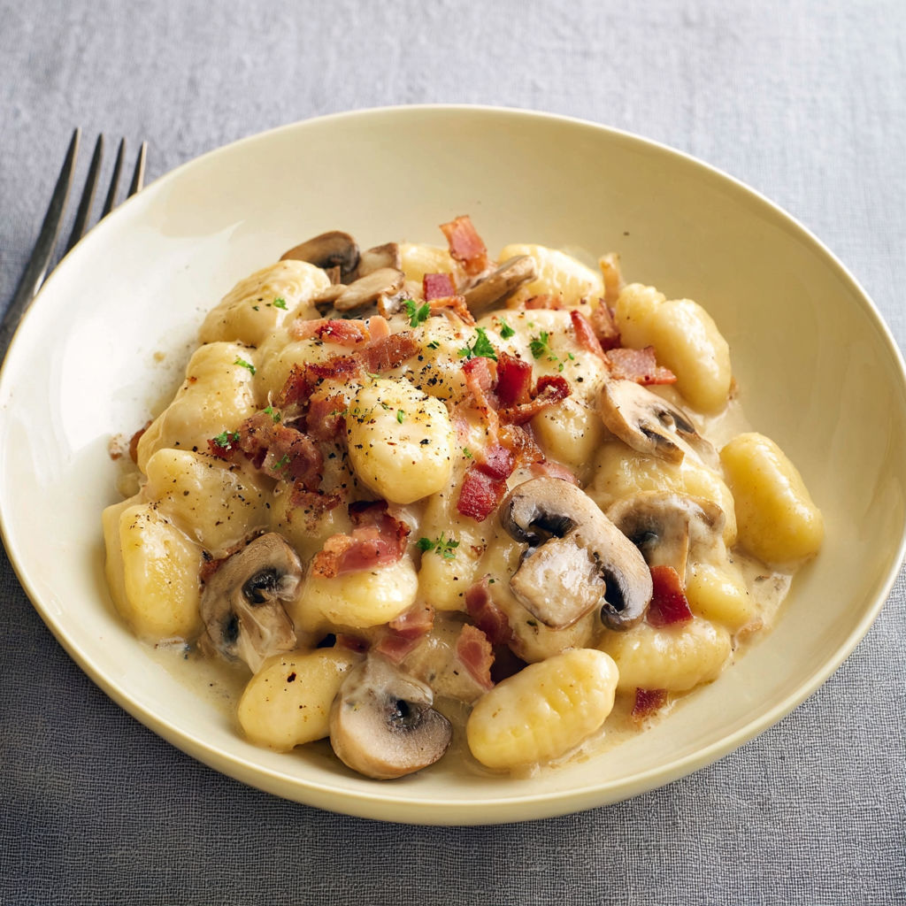 Plat de pâtes champignons bacon, avec une fourchette à côté.