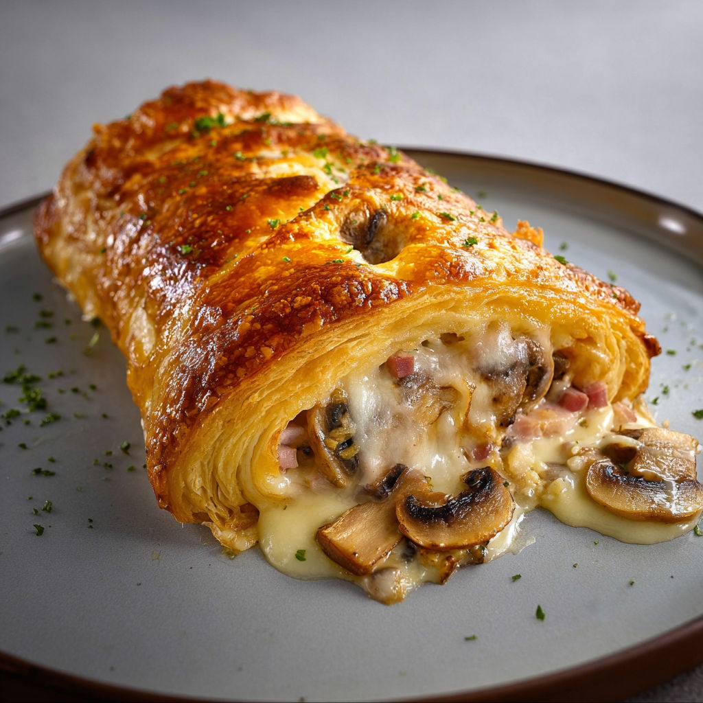 Un feuilleté doré aux champignons et jambon sur une assiette.