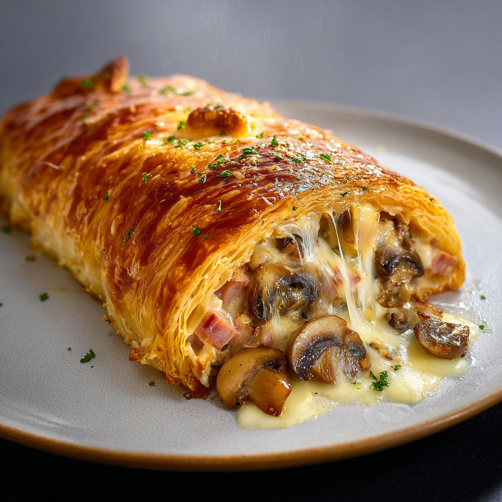 Feuilleté rustique au jambon et champignons sur une planche.