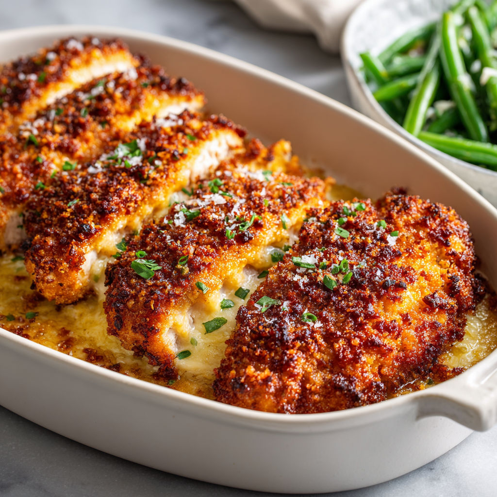 Du poulet rôti au parmesan tout croustillant posé dans un plat transparent.