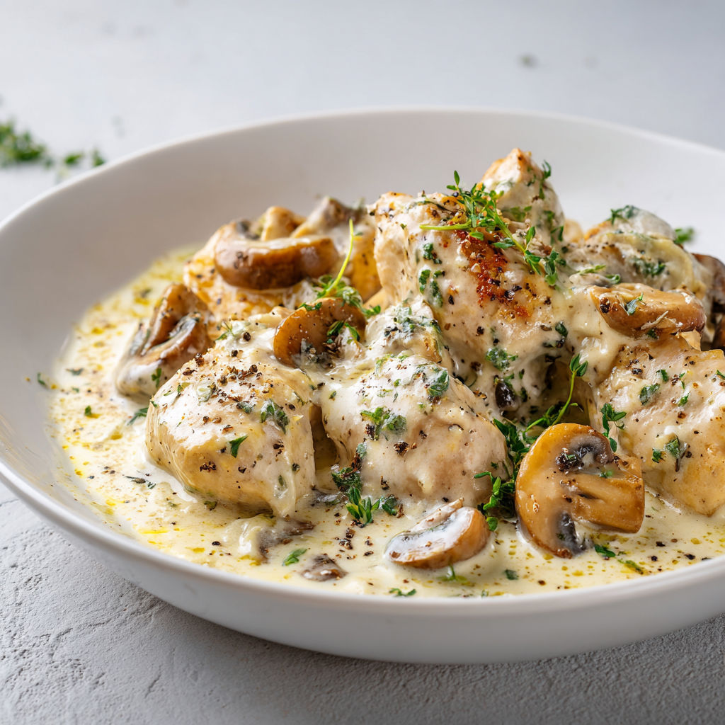Un plat de poulet doré aux champignons et herbes, avec une sauce crémeuse qui nappe l’ensemble.