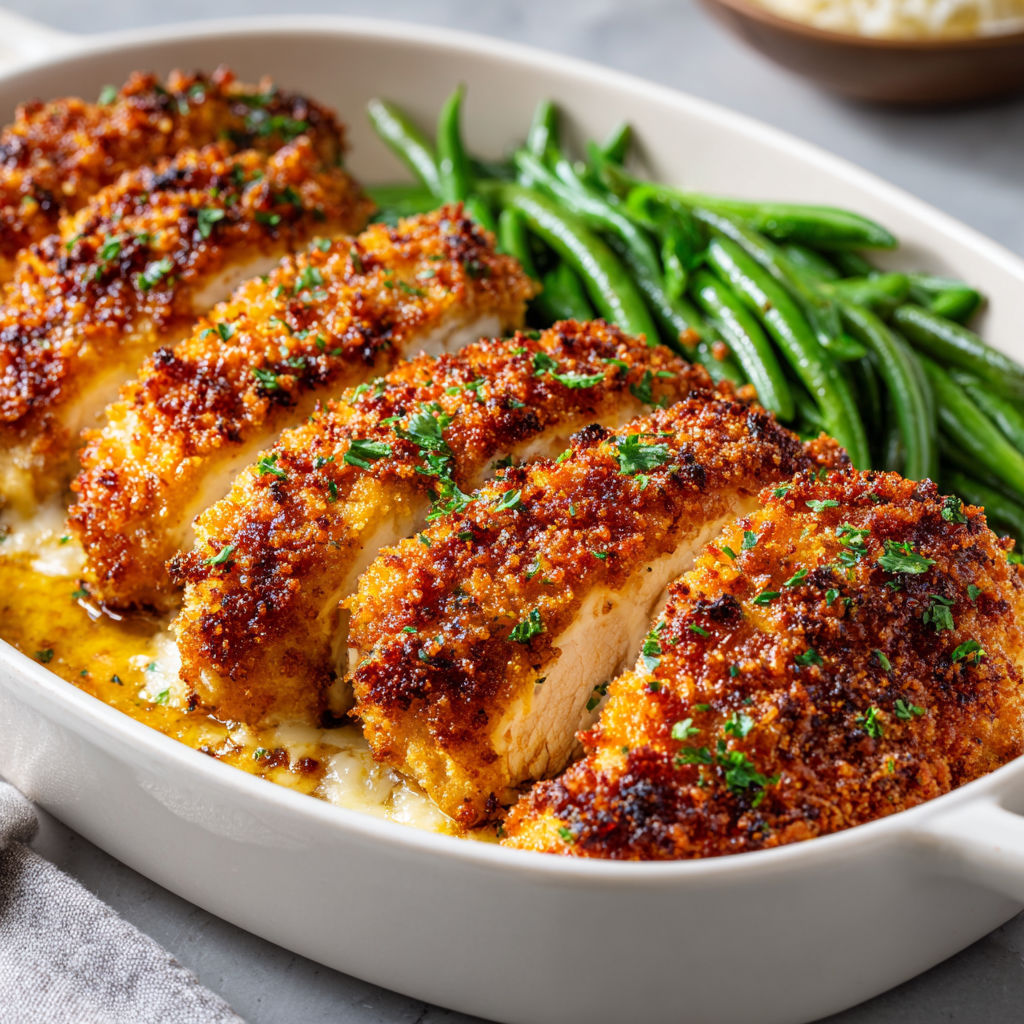 Un plat de poulet doré accompagné de haricots verts et d’herbes.