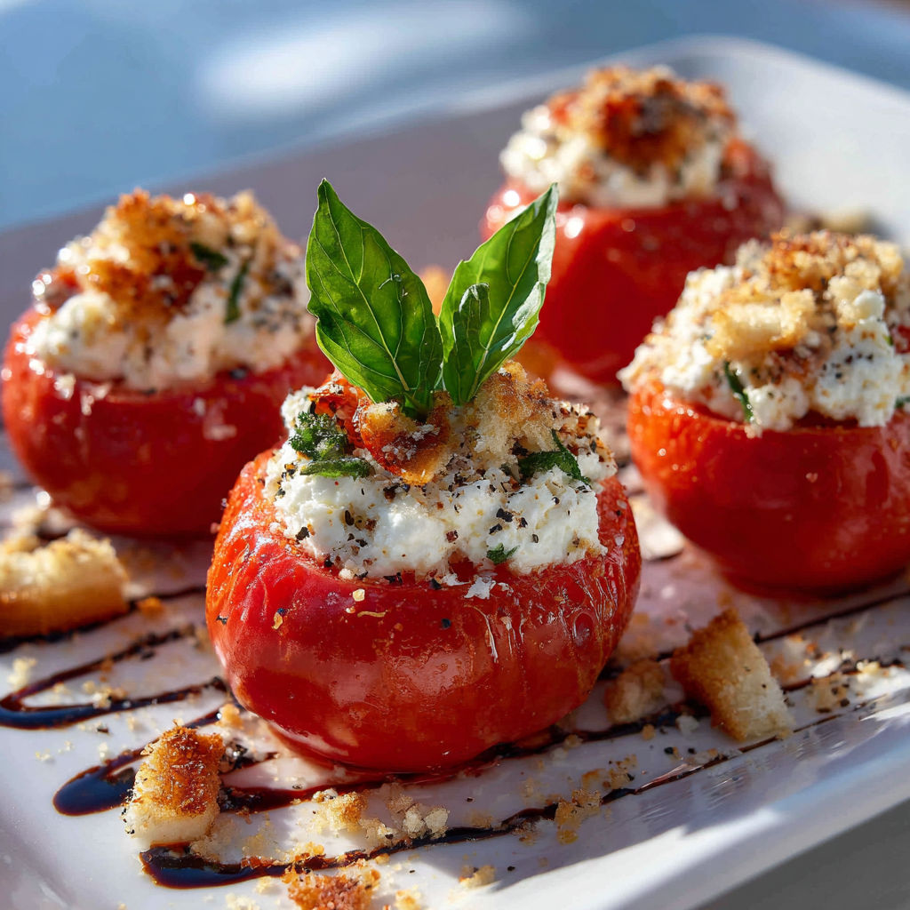 Tomates garnies d’herbes fraîches et croutons, posées sur une assiette blanche.
