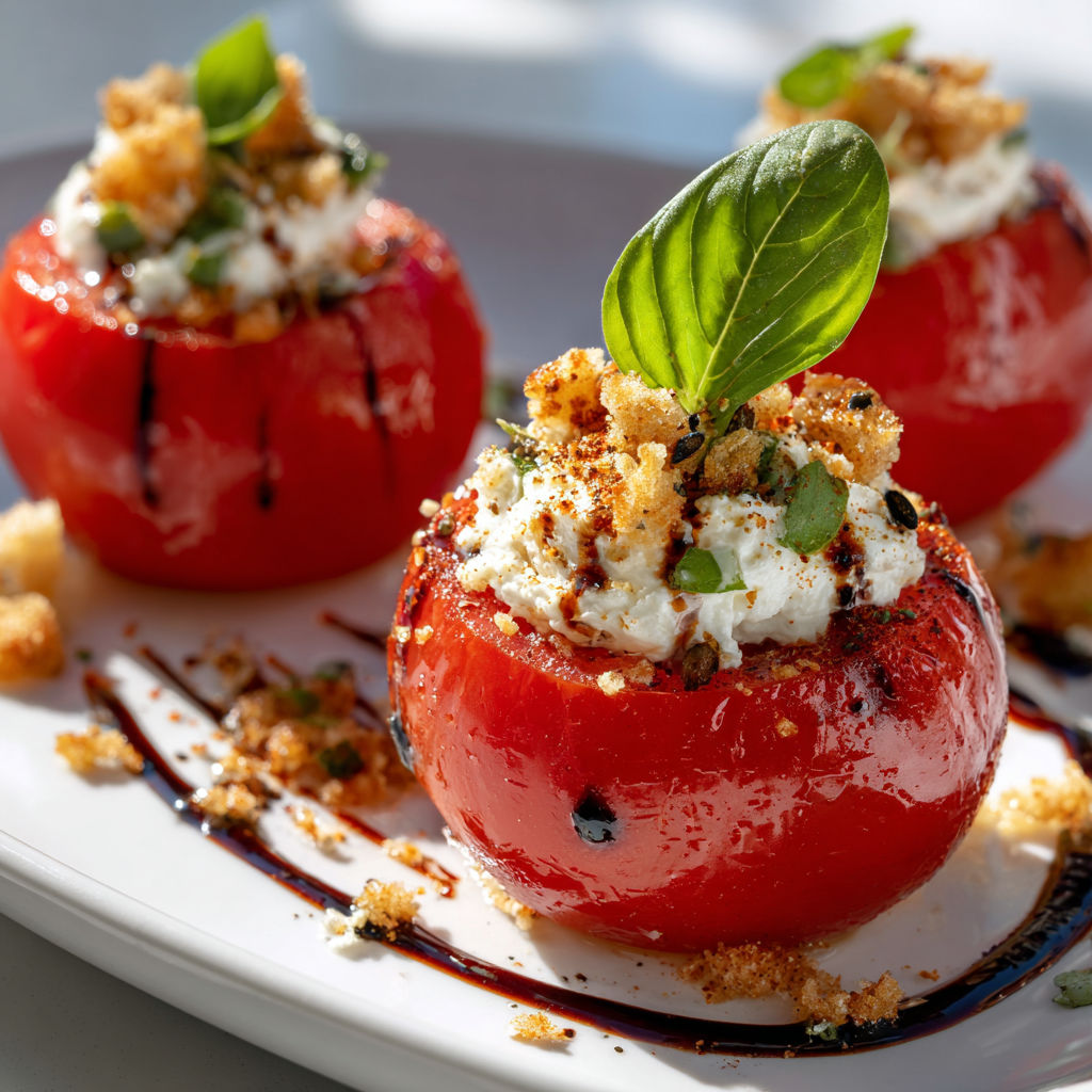 Tomates garnies d’herbes fraîches et croutons, posées sur une assiette blanche.