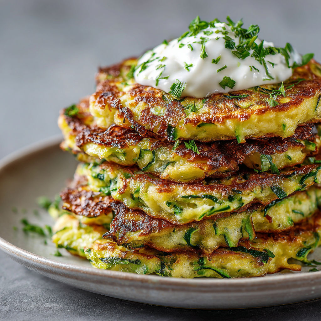 Une belle pile de pancakes à la courgette avec un peu de sauce blanche par-dessus.