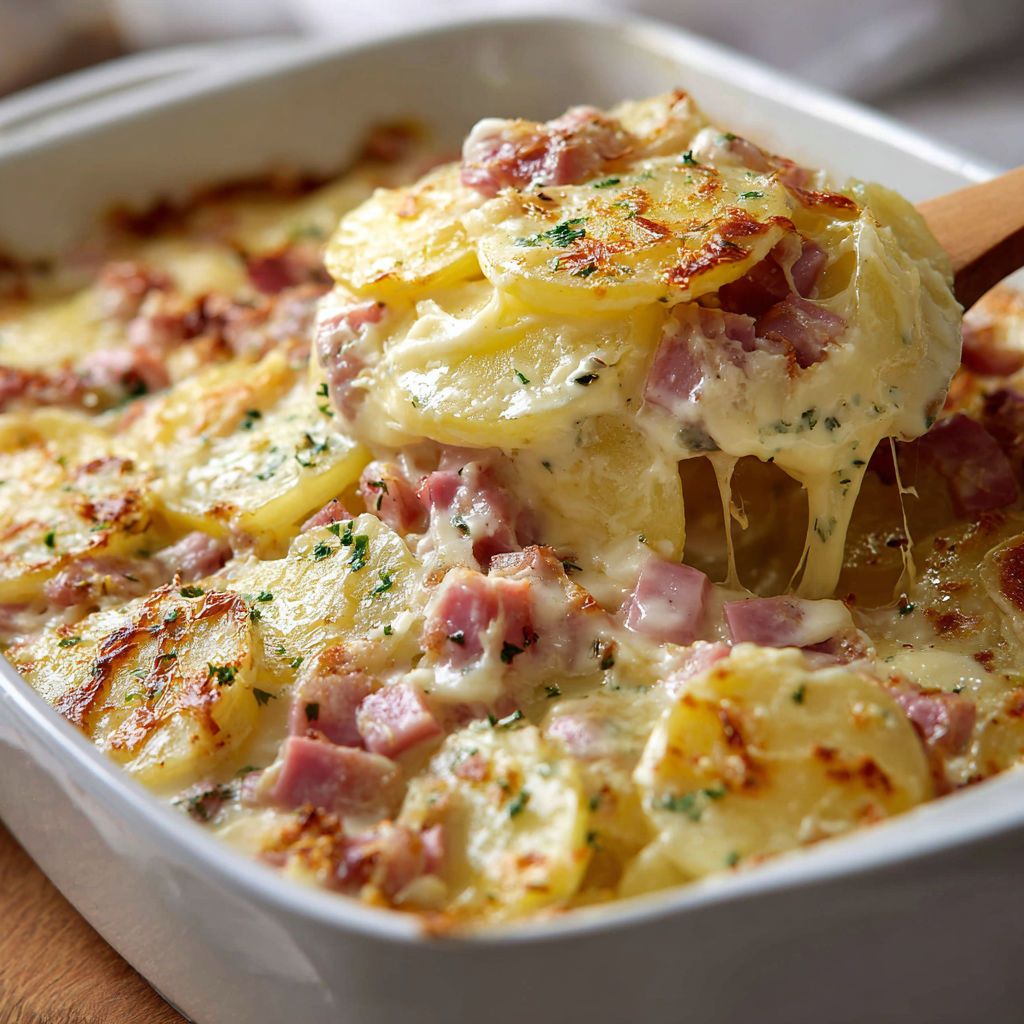 Une quiche de pommes de terre au bacon, servie avec une grande cuillère en bois.