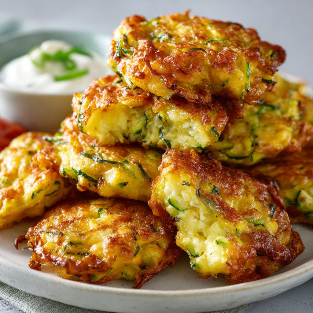 Beignets de courgettes à la cuillère, savoureux et très gourmands, servis sur un beau plateau de porcelaine.