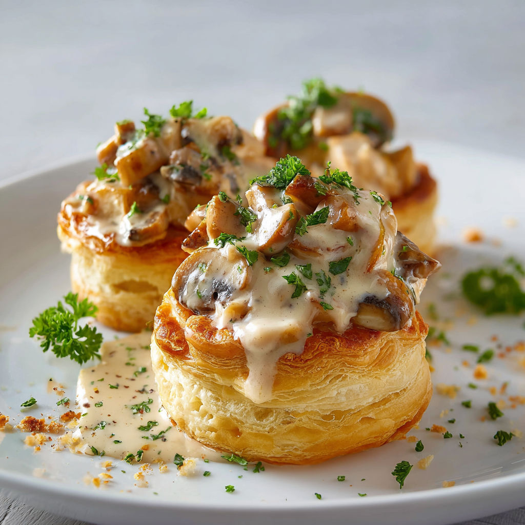 Une belle tarte aux champignons posée sur un plateau garnie d’herbes fraîches.