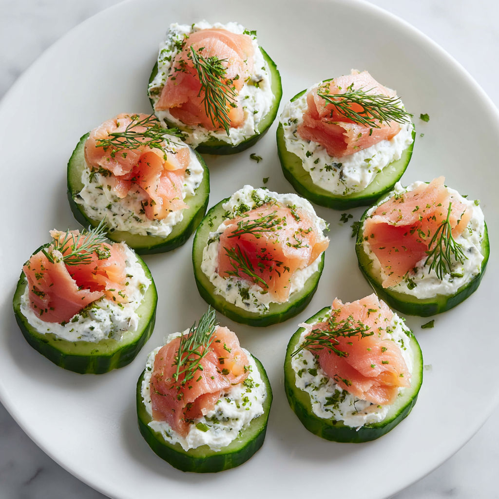 Des tranches de concombre, du saumon fumé et de l’aneth sur un plat, prêt à servir.