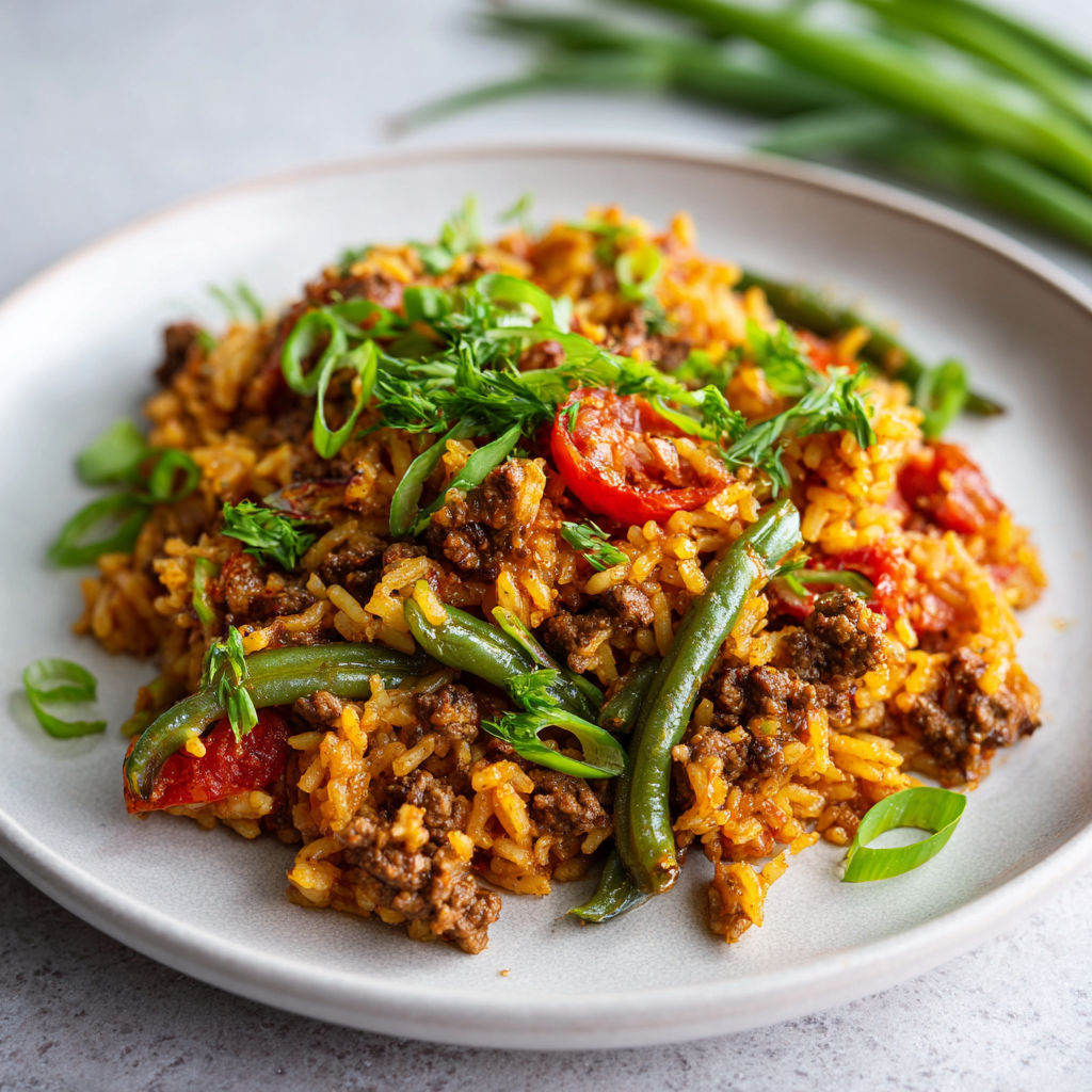 Sur un plateau, on découvre un plat à base de riz, boeuf et tomates prêt à servir.