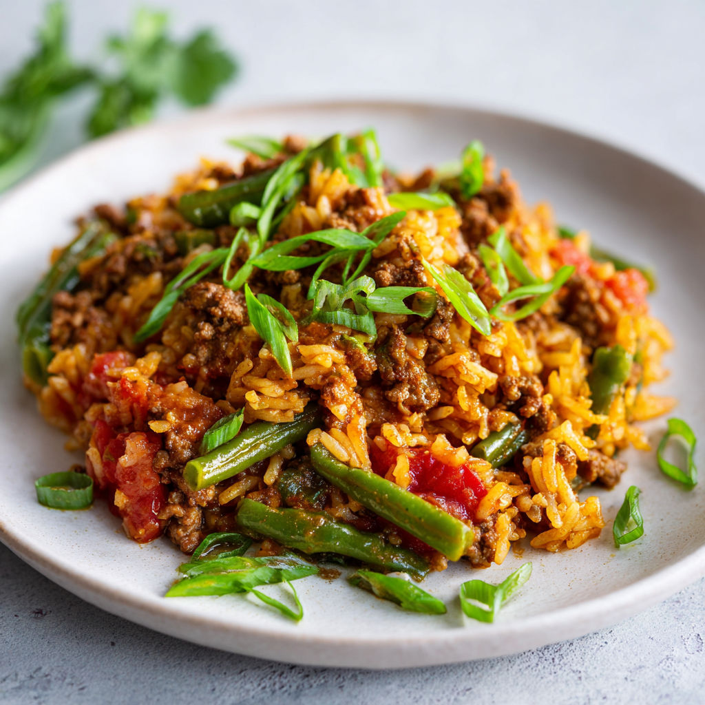 Plat de riz et haricots verts, servi sur plateau.
